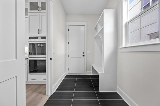 mudroom with plenty of natural light and dark hardwood / wood-style flooring