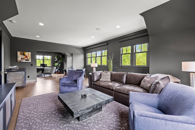 living room with hardwood / wood-style flooring, a healthy amount of sunlight, and crown molding