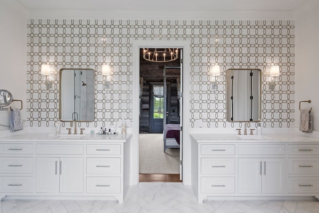 bathroom featuring ornamental molding, hardwood / wood-style floors, vanity, and a shower with shower door