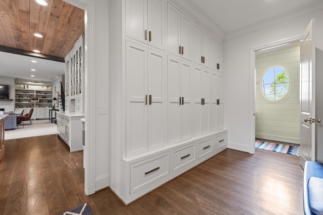 mudroom featuring dark hardwood / wood-style flooring, wooden ceiling, and ornamental molding