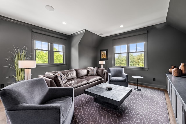 living room with hardwood / wood-style floors, a wealth of natural light, vaulted ceiling, and ornamental molding