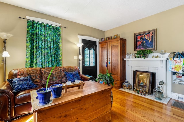 living room featuring wood finished floors and a fireplace