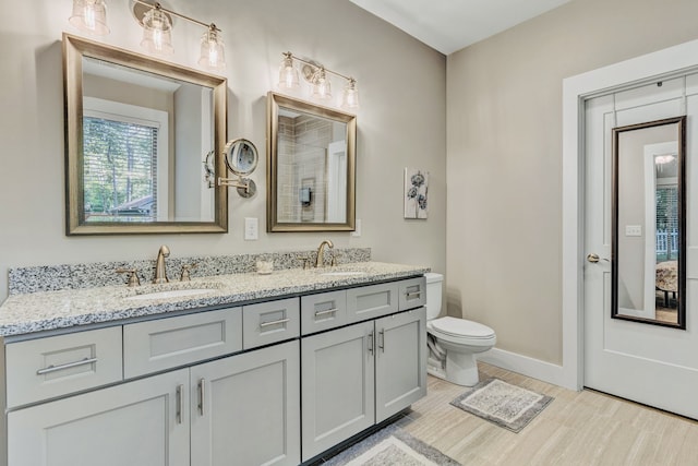 bathroom featuring toilet, vanity, and wood-type flooring