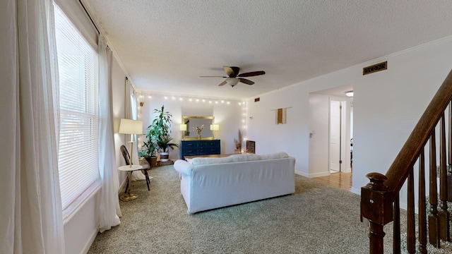 living room featuring light carpet, ceiling fan, and a textured ceiling