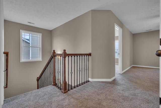 stairs featuring carpet floors and a textured ceiling