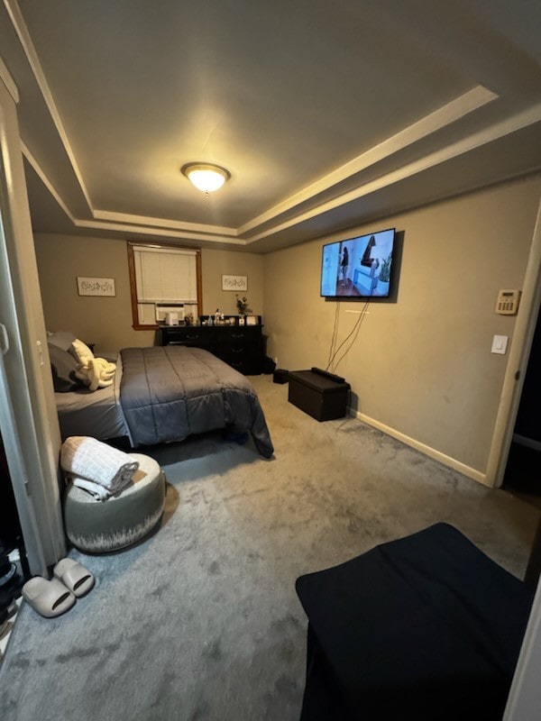 carpeted bedroom featuring a raised ceiling