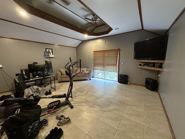 exercise room with lofted ceiling and ceiling fan