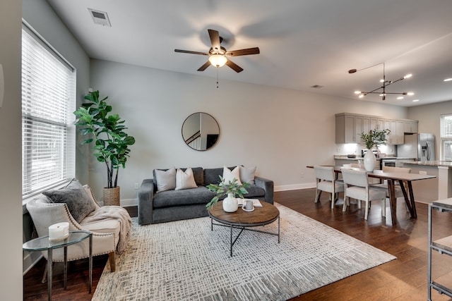 living room featuring dark wood-type flooring, ceiling fan with notable chandelier, and plenty of natural light