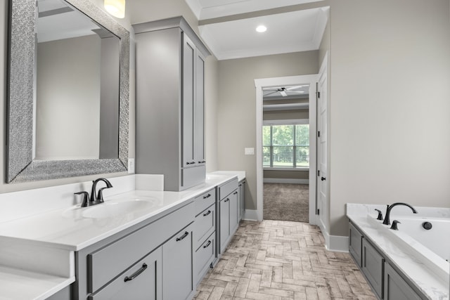 bathroom with parquet floors, vanity, ceiling fan, and crown molding