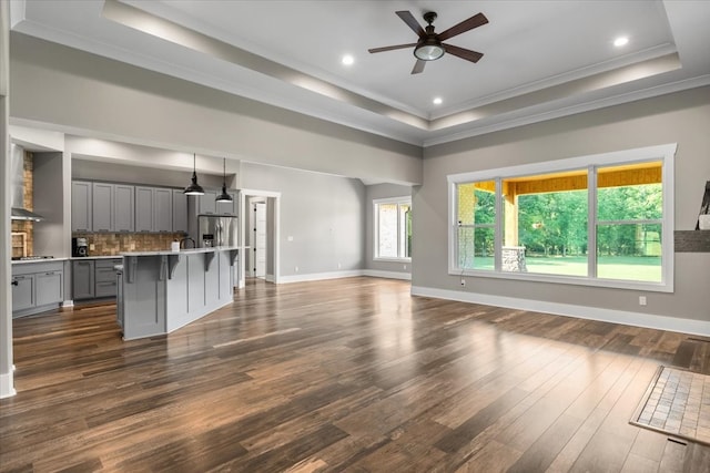 unfurnished living room with a wealth of natural light, a raised ceiling, and dark hardwood / wood-style flooring