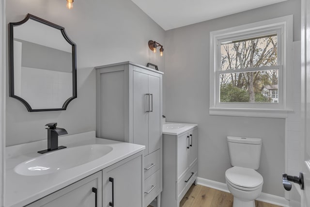 bathroom with hardwood / wood-style floors, vanity, and toilet