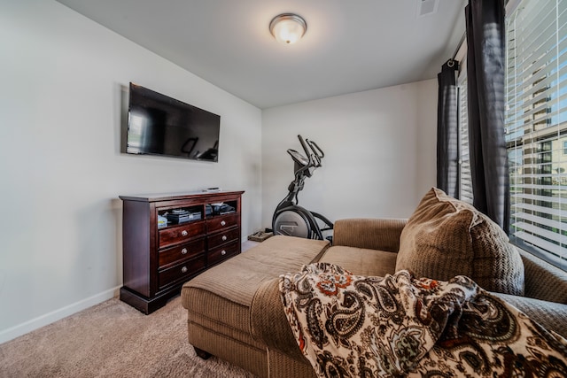 bedroom featuring light carpet