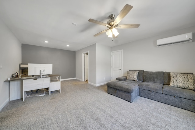 living room with an AC wall unit, ceiling fan, and carpet floors