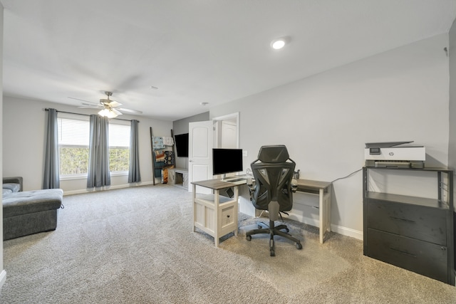 office space with carpet floors and ceiling fan