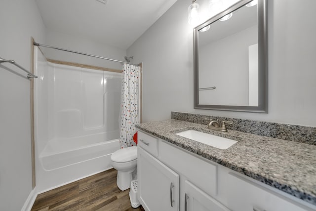 full bathroom with wood-type flooring, vanity, toilet, and shower / bathtub combination with curtain