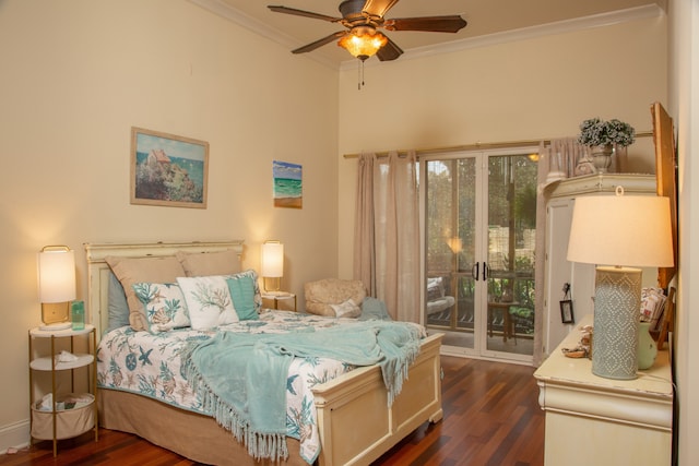 bedroom with dark wood-type flooring, access to outside, ornamental molding, and ceiling fan