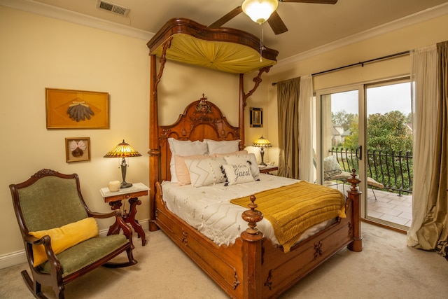 bedroom featuring ceiling fan, access to exterior, light carpet, and crown molding