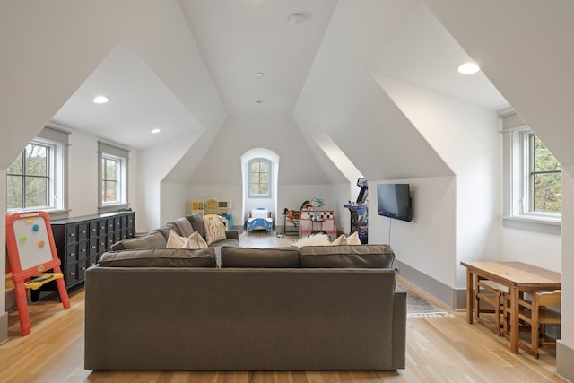 living room with light wood-type flooring, a wealth of natural light, and vaulted ceiling