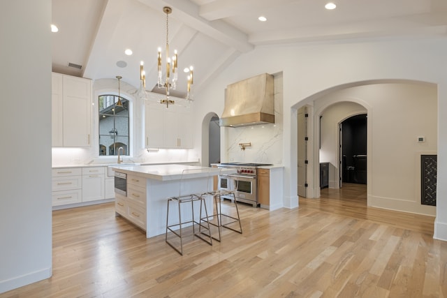 kitchen featuring light hardwood / wood-style floors, white cabinetry, appliances with stainless steel finishes, custom range hood, and a center island