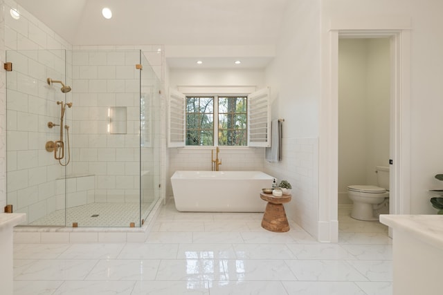 bathroom featuring toilet and separate shower and tub