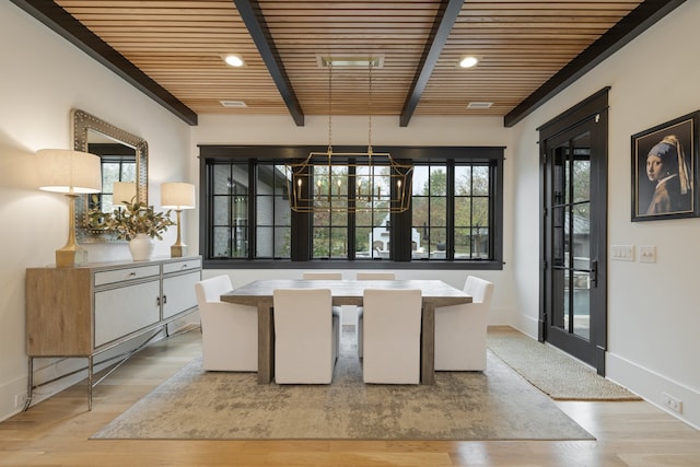 dining area with wooden ceiling, light hardwood / wood-style floors, and beamed ceiling