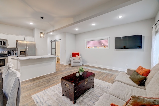 living room with light hardwood / wood-style flooring and a barn door