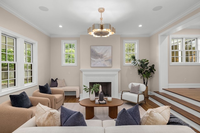 living room with ornamental molding, light hardwood / wood-style floors, and a healthy amount of sunlight