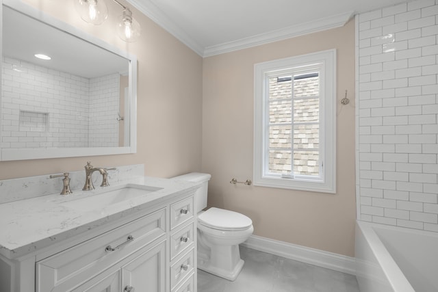 full bathroom with toilet, vanity, tiled shower / bath, and crown molding