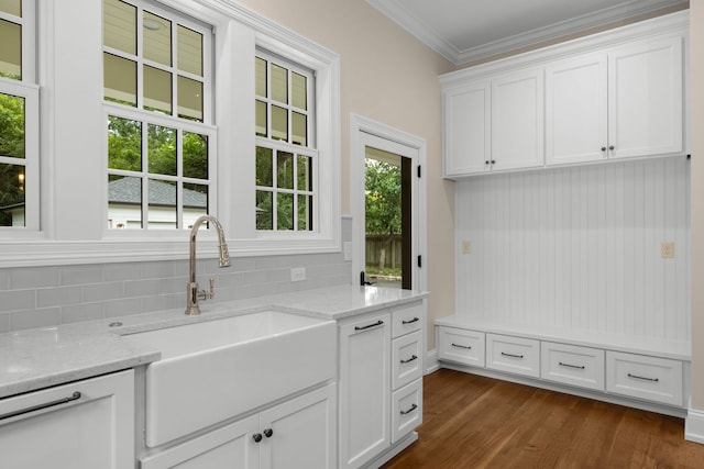 kitchen featuring ornamental molding, light stone countertops, backsplash, white cabinets, and dark hardwood / wood-style flooring