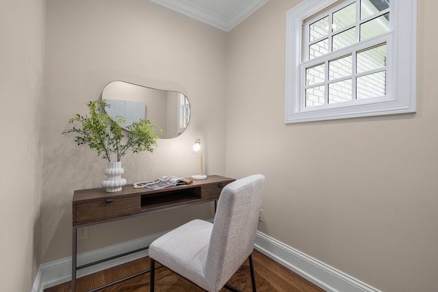 office with dark hardwood / wood-style flooring and crown molding