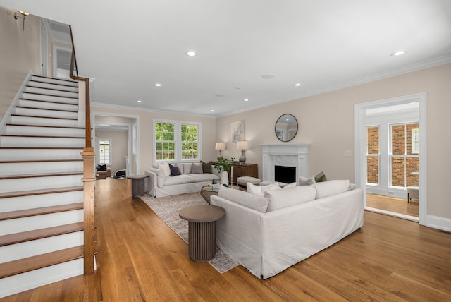 living room with a fireplace, ornamental molding, and light hardwood / wood-style flooring