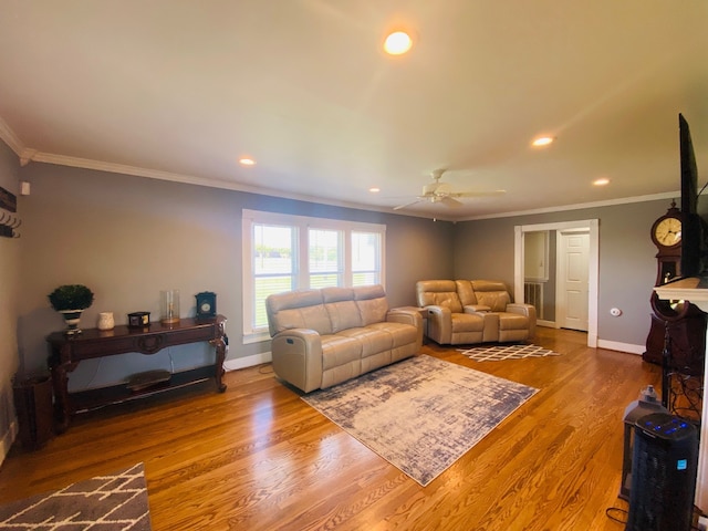 living room with hardwood / wood-style flooring, ceiling fan, and ornamental molding