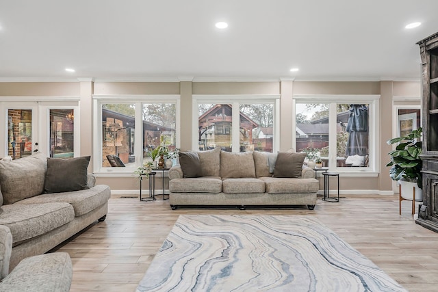 living room with plenty of natural light, light hardwood / wood-style floors, and crown molding