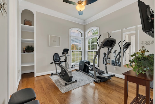 exercise area featuring ornamental molding, hardwood / wood-style flooring, and ceiling fan