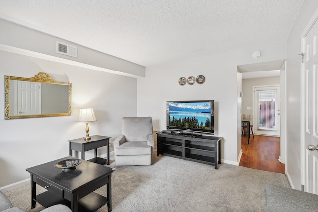 carpeted living room with a textured ceiling