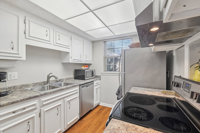 kitchen with light hardwood / wood-style floors, white cabinetry, sink, ventilation hood, and stainless steel appliances