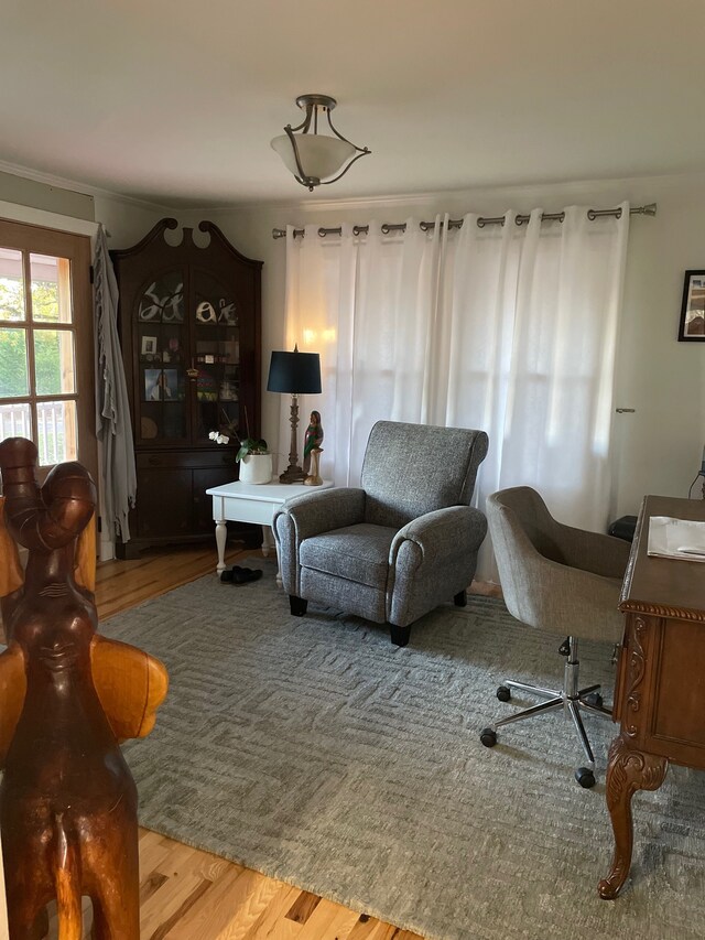 living area with hardwood / wood-style floors and ornamental molding