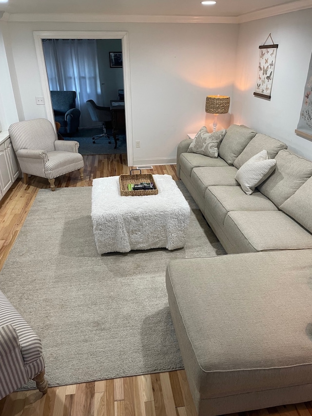 living room with hardwood / wood-style floors and ornamental molding