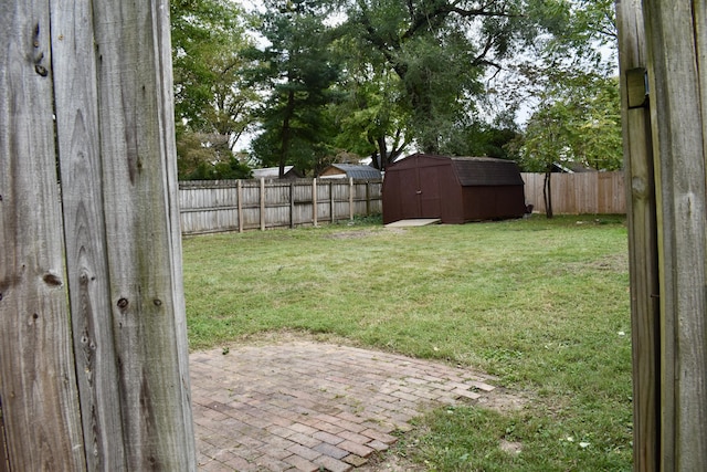 view of yard featuring a shed and a patio area