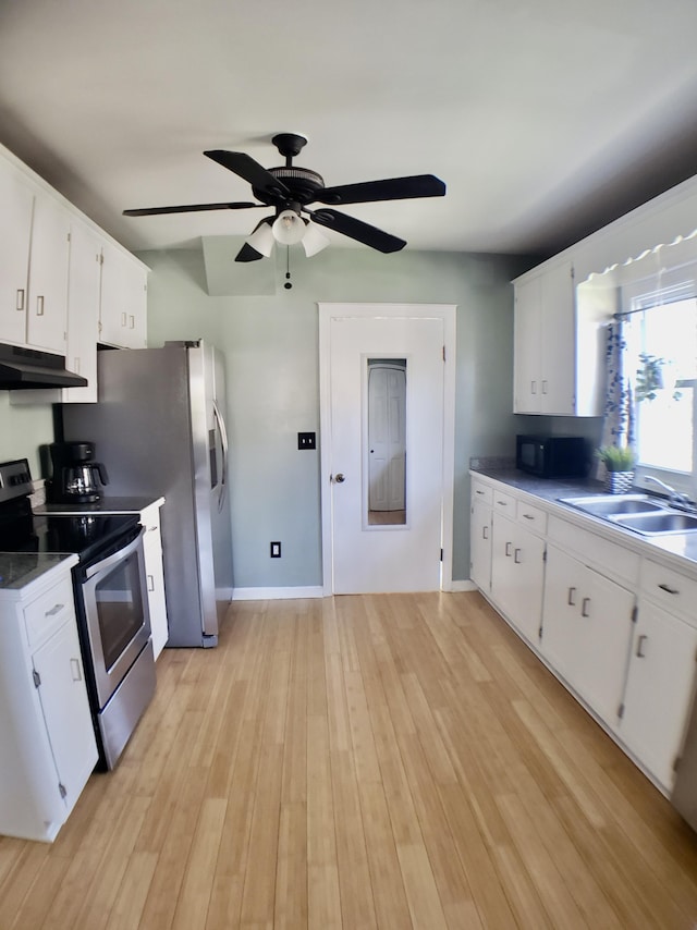 kitchen with light hardwood / wood-style flooring, white cabinets, sink, and stainless steel electric stove