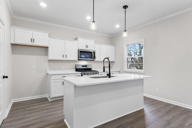 kitchen featuring sink, white cabinets, a kitchen island with sink, and appliances with stainless steel finishes