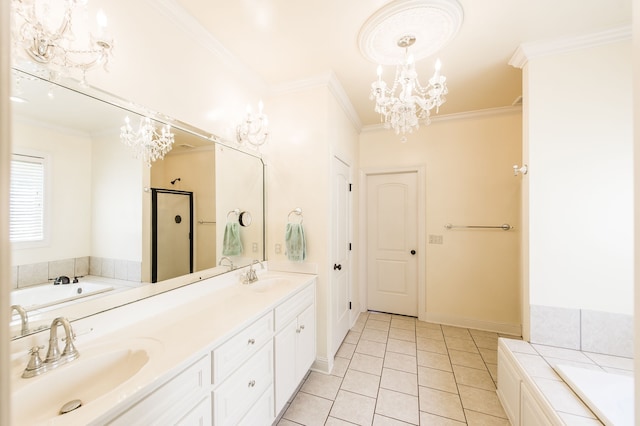 bathroom featuring separate shower and tub, tile patterned flooring, a notable chandelier, vanity, and crown molding