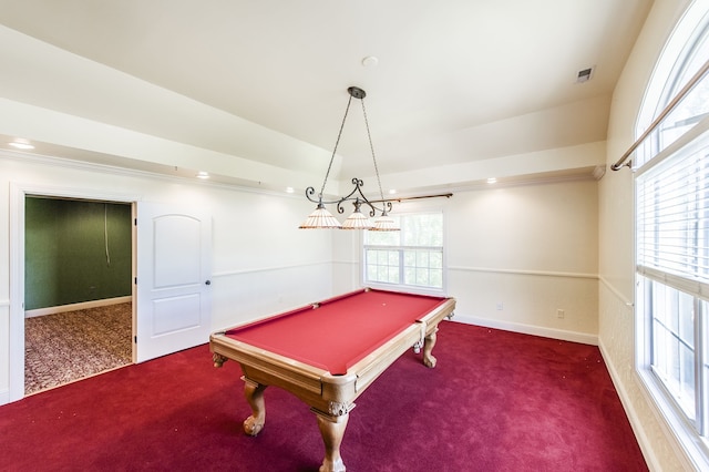 game room with pool table, carpet flooring, and a healthy amount of sunlight