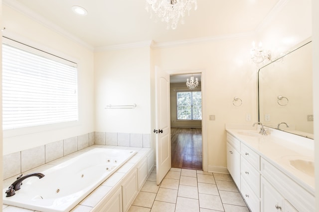 bathroom featuring tile patterned flooring, an inviting chandelier, and ornamental molding