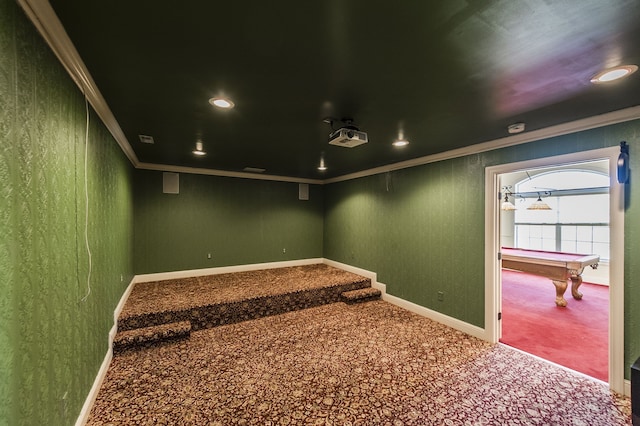 carpeted cinema featuring billiards and crown molding