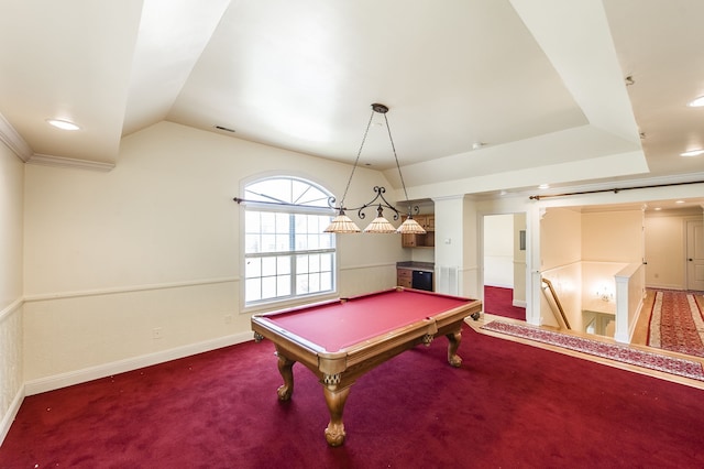 rec room with carpet, billiards, and vaulted ceiling