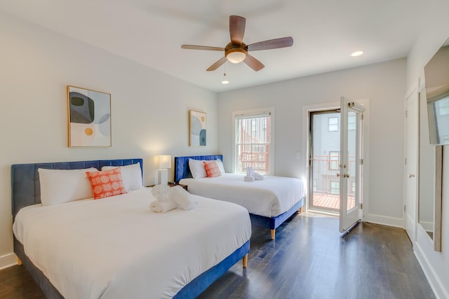 bedroom with access to exterior, dark hardwood / wood-style flooring, and ceiling fan