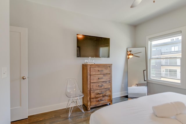 bedroom featuring ceiling fan and dark hardwood / wood-style flooring