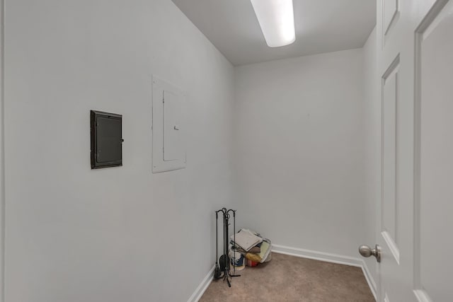 laundry room featuring electric panel and carpet