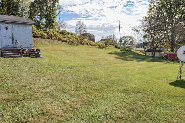 view of yard with a storage shed